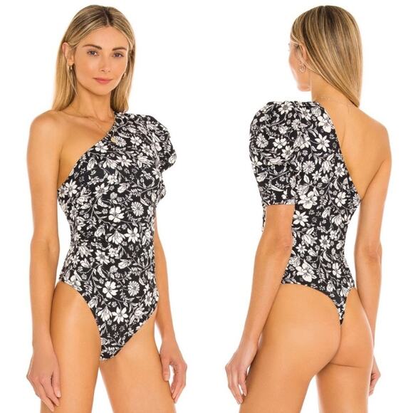 Free People Somethin Bout You Floral One Shoulder Puff Sleeve Bodysuit Size XS - Picture 3 of 10